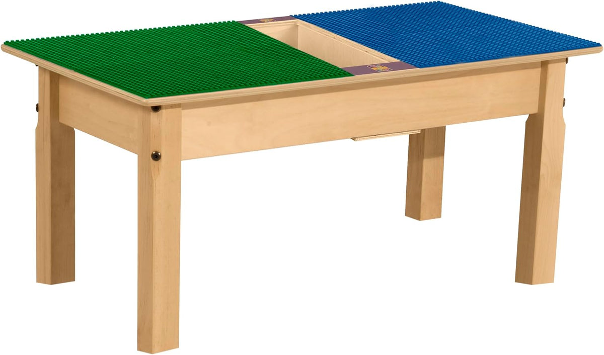 Rectangle Time-2-Play Table with a trough, along with 14" legs and a LEGO® Compatible Grid of BLUE/GREEN Color