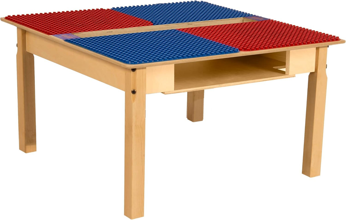 Square Time-2-Play Table with a trough and shelf, along with 18" legs and a DUPLO® Compatible Grid of RED/BLUE Color
