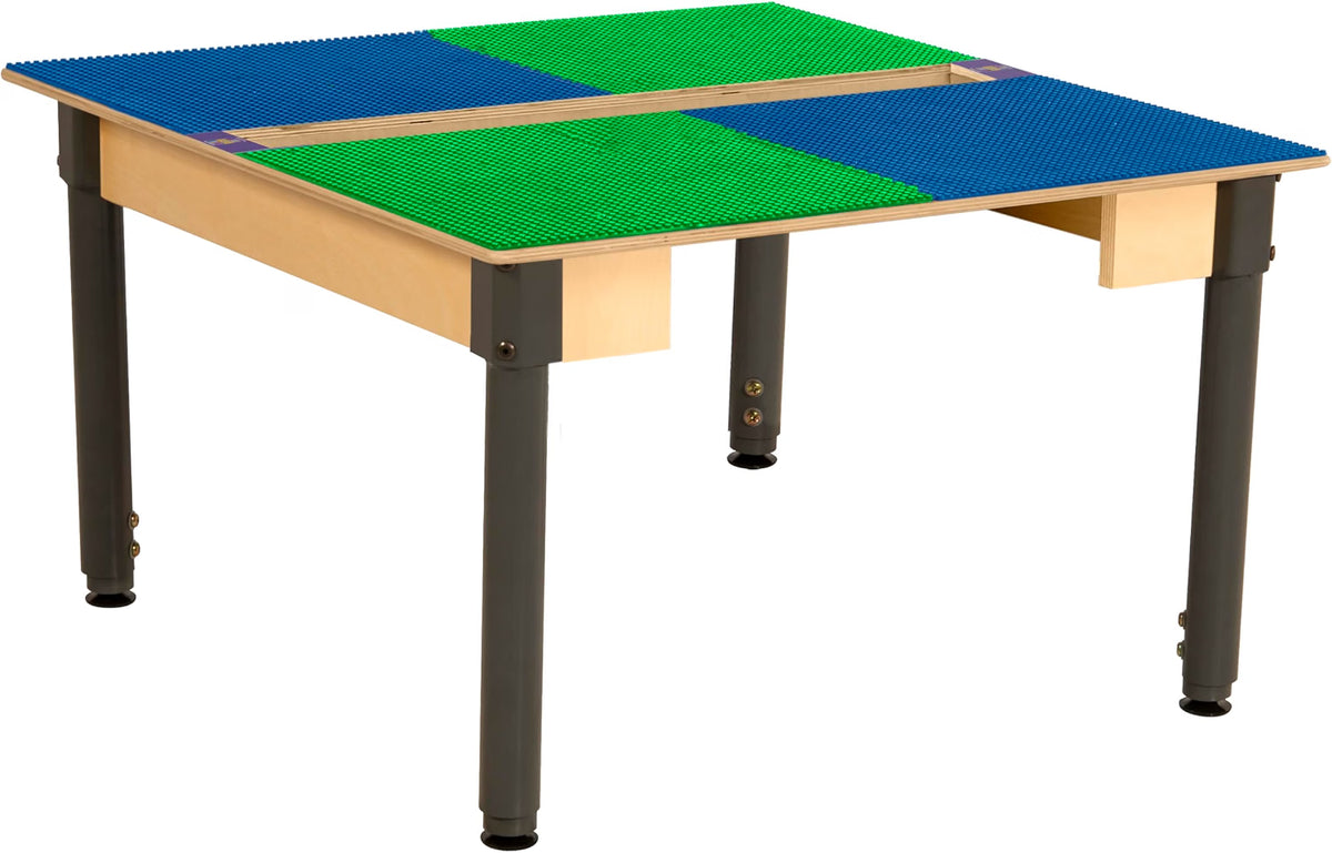 Square Time-2-Play Table with a trough, along with adjustable 18"-29" legs and a LEGO® Compatible Grid of BLUE/GREEN Color