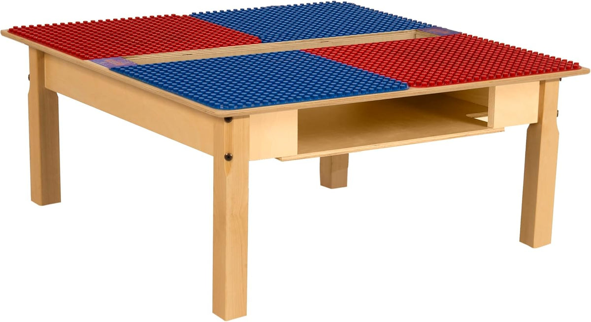Square Time-2-Play Table with a trough and shelf, along with 14" legs and a DUPLO® Compatible Grid of RED/BLUE Color
