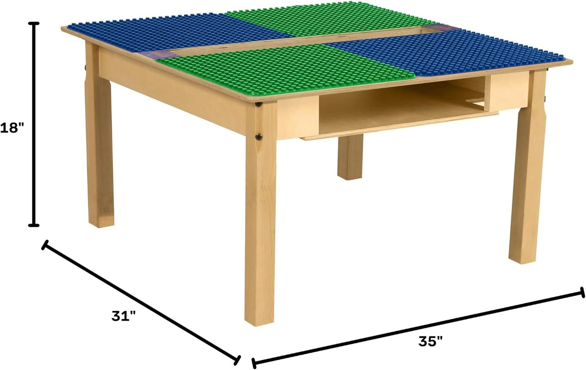 Square Time-2-Play Table with a trough and shelf, along with 18" legs and a DUPLO® Compatible Grid of BLUE/GREEN Color