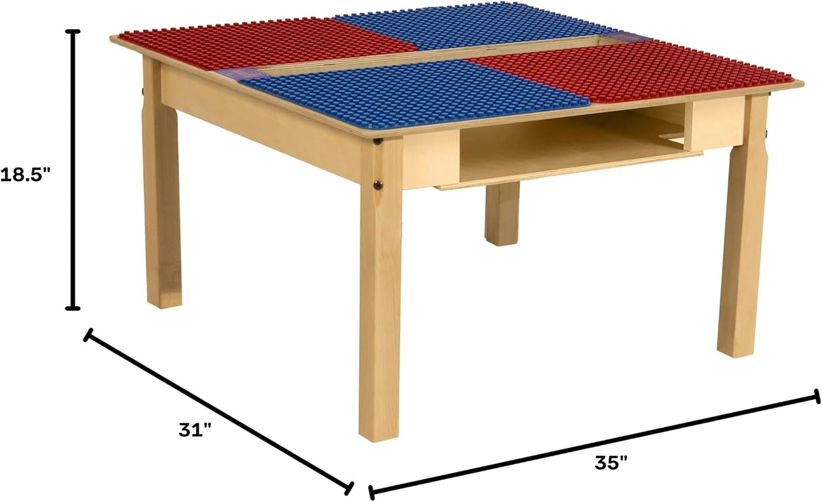Square Time-2-Play Table with a trough and shelf, along with 18" legs and a DUPLO® Compatible Grid of RED/BLUE Color