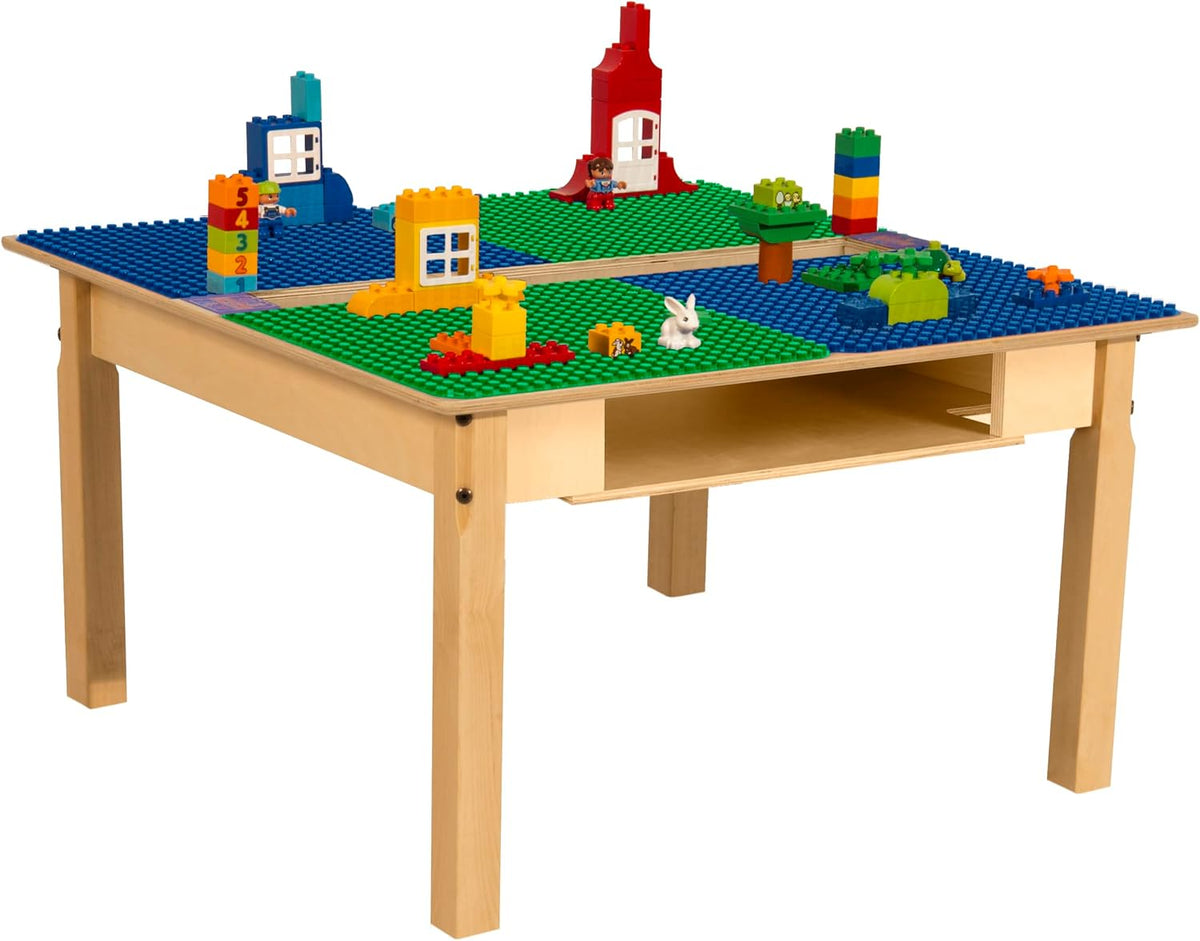 Square Time-2-Play Table with a trough and shelf, along with 18" legs and a DUPLO® Compatible Grid of BLUE/GREEN Color