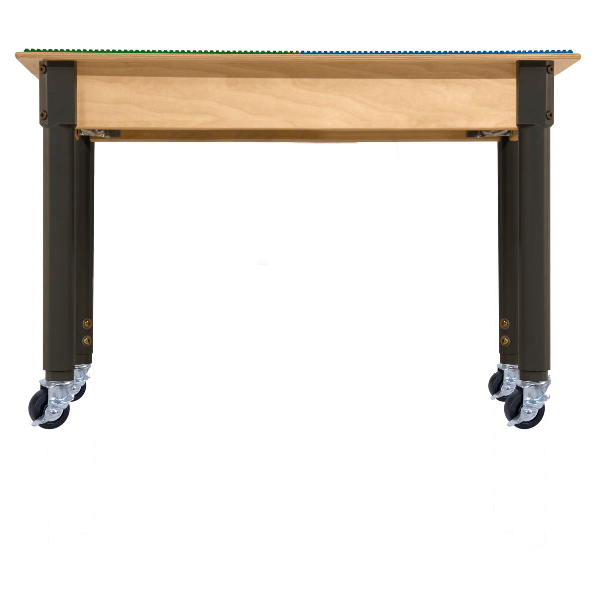 Rectangle Time-2-Play Table with a shelf, along with adjustable 18"-29" legs with locking casters and a LEGO® Compatible Grid of BLUE/GREEN Color