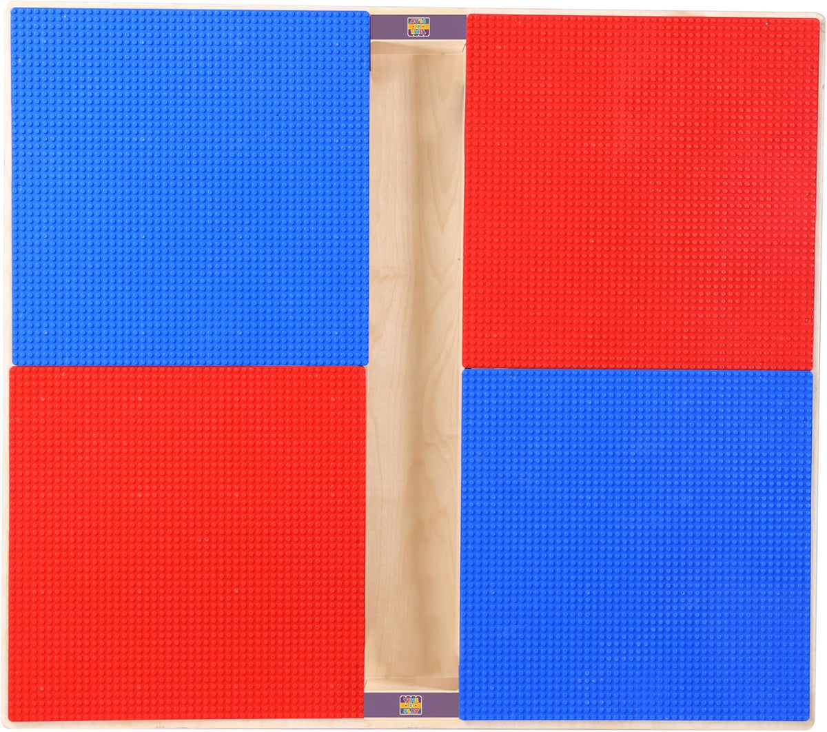 Square Time-2-Play Table with a trough and shelf, along with 14" legs and a LEGO® Compatible Grid of RED/BLUE Color