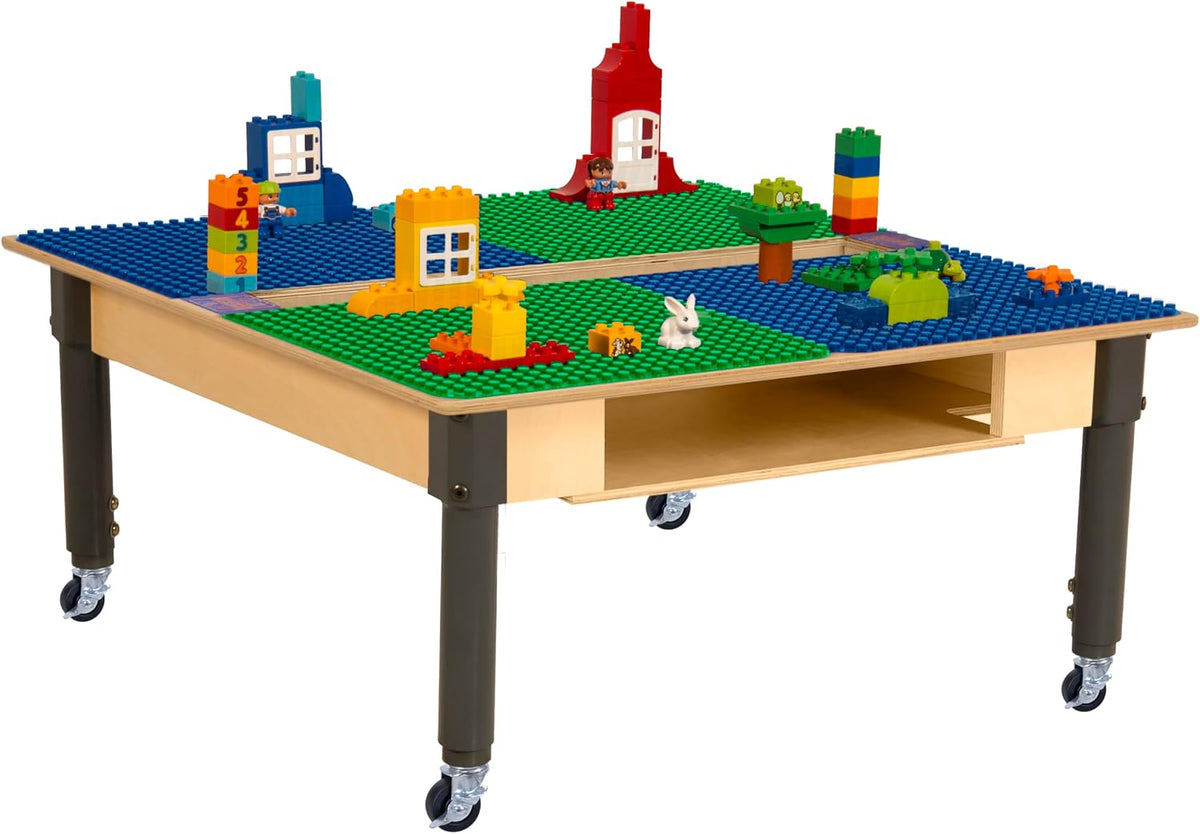 Square Time-2-Play Table with a trough and shelf, along with adjustable 12"-17" legs with locking casters and a DUPLO® Compatible Grid of BLUE/GREEN Color