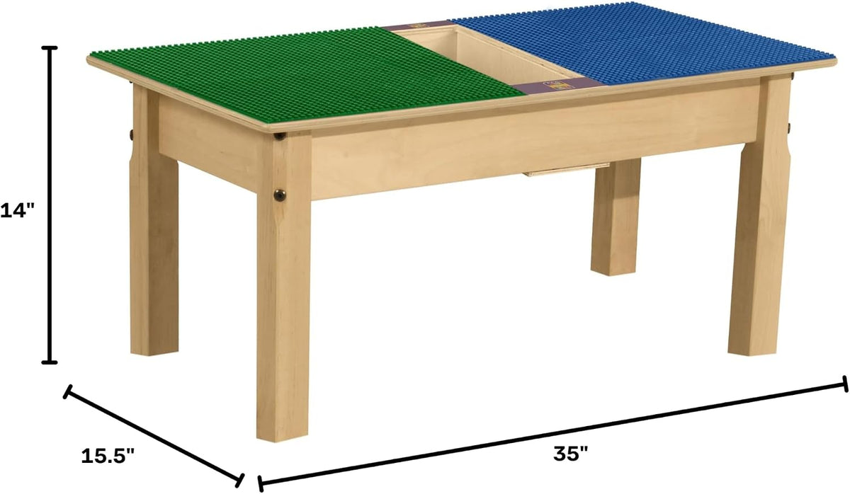 Rectangle Time-2-Play Table with a trough, along with 14" legs and a LEGO® Compatible Grid of BLUE/GREEN Color