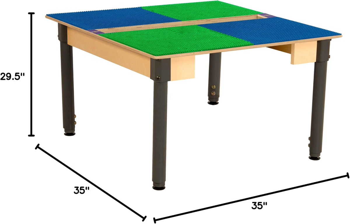 Square Time-2-Play Table with a trough, along with adjustable 18"-29" legs and a LEGO® Compatible Grid of BLUE/GREEN Color