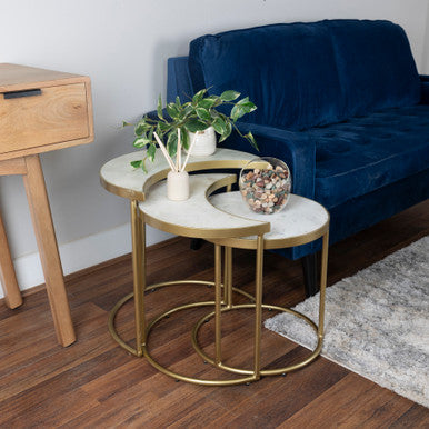 RRI Goods Modern White Marble & Gold Metal Frame Nesting Tables Set Of 3