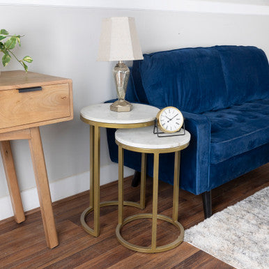 RRI Goods Nesting End Table|Gold Metal Frame & White Marble Table, Set of 2