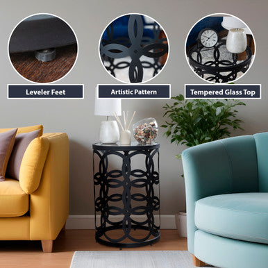 RRI Goods Metal & Glass Round Side Accent Table, Black