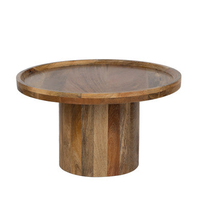 Round Mango Wood Coffee Table with Rimmed Bowl Top & Sturdy Pedestal Base