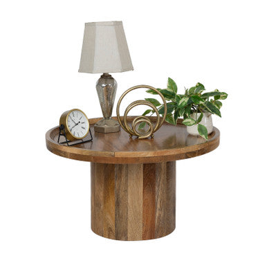 Round Mango Wood Coffee Table with Rimmed Bowl Top & Sturdy Pedestal Base