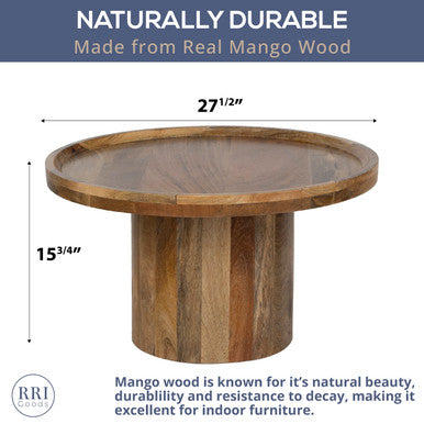 Round Mango Wood Coffee Table with Rimmed Bowl Top & Sturdy Pedestal Base