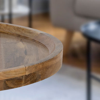 Round Mango Wood Coffee Table with Rimmed Bowl Top & Sturdy Pedestal Base