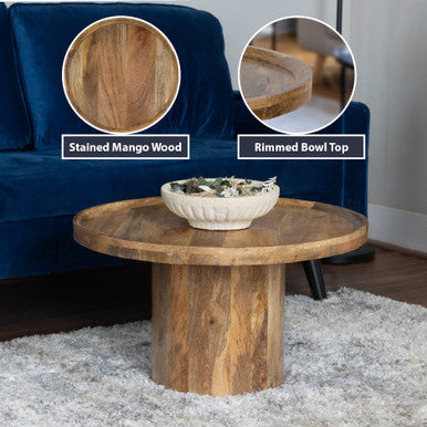 Round Mango Wood Coffee Table with Rimmed Bowl Top & Sturdy Pedestal Base