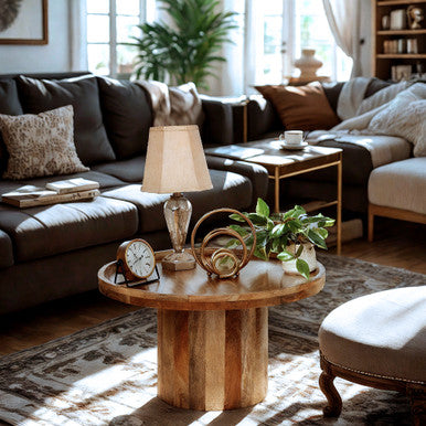Round Mango Wood Coffee Table with Rimmed Bowl Top & Sturdy Pedestal Base