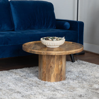 Round Mango Wood Coffee Table with Rimmed Bowl Top & Sturdy Pedestal Base