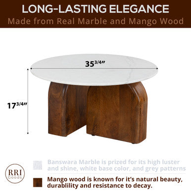 Solid Wood and Real Marble 36" Round Coffee Table