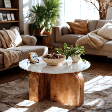 Solid Wood and Real Marble 36" Round Coffee Table
