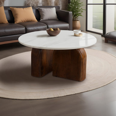 Solid Wood and Real Marble 36" Round Coffee Table