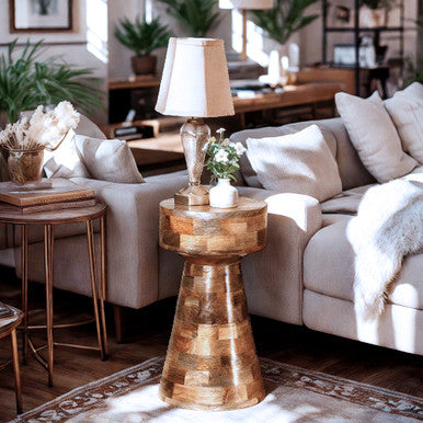 Mango Wood Side Accent Table with Patchwork Tile Pattern