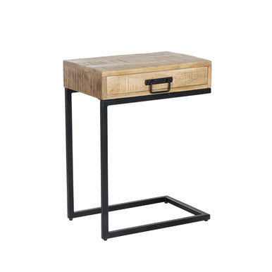 C-Shaped Mango Wood Side Table with Drawer, Metal Base Accent Table