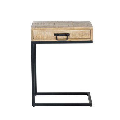 C-Shaped Mango Wood Side Table with Drawer, Metal Base Accent Table