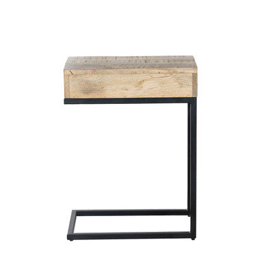 C-Shaped Mango Wood Side Table with Drawer, Metal Base Accent Table