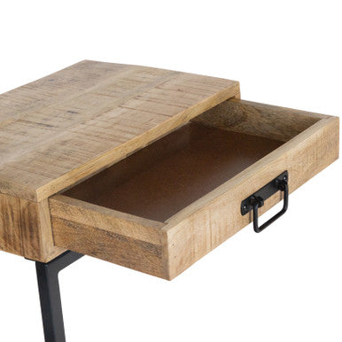 C-Shaped Mango Wood Side Table with Drawer, Metal Base Accent Table