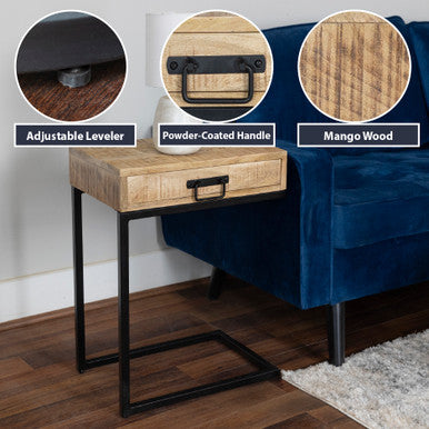 C-Shaped Mango Wood Side Table with Drawer, Metal Base Accent Table