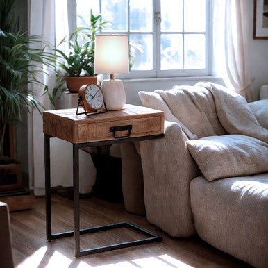 C-Shaped Mango Wood Side Table with Drawer, Metal Base Accent Table