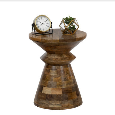 Round Mango Wood Side Table, Patchwork Rustic Accent Table