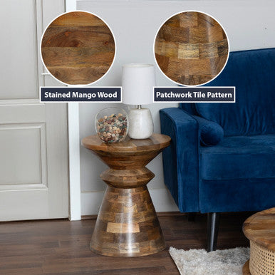 Round Mango Wood Side Table, Patchwork Rustic Accent Table
