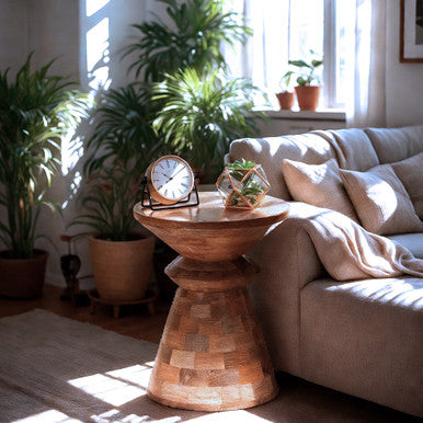 Round Mango Wood Side Table, Patchwork Rustic Accent Table