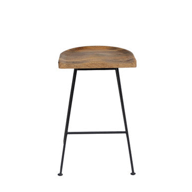 Modern Industrial Bar Stool with Stained Mango Wood Seat & Black Metal Base