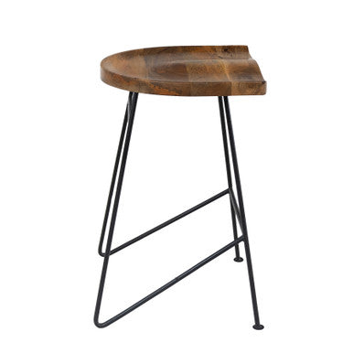 Modern Industrial Bar Stool with Stained Mango Wood Seat & Black Metal Base