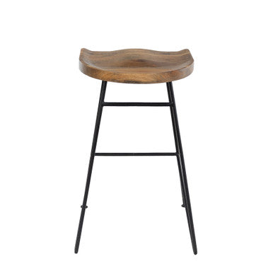Modern Industrial Bar Stool with Stained Mango Wood Seat & Black Metal Base