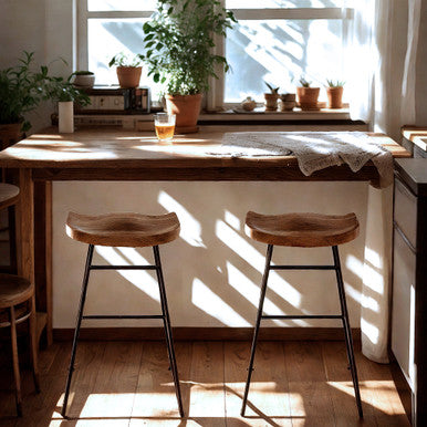 Modern Industrial Bar Stool with Stained Mango Wood Seat & Black Metal Base