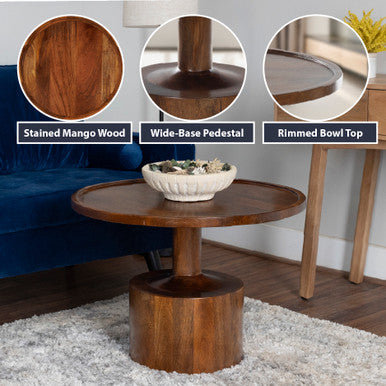 Round Mango Wood Coffee Table ‚Äì 27.5‚Äù Accent Table with Rimmed Top