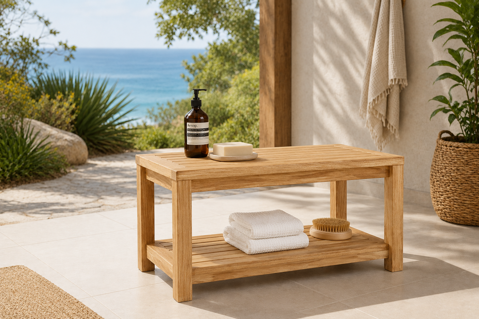 Teak Wood Coffee Table with Bottom Storage Shelf