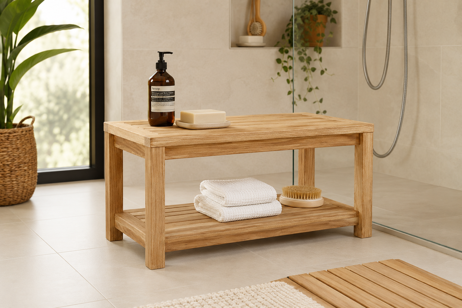 Teak Wood Coffee Table with Bottom Storage Shelf