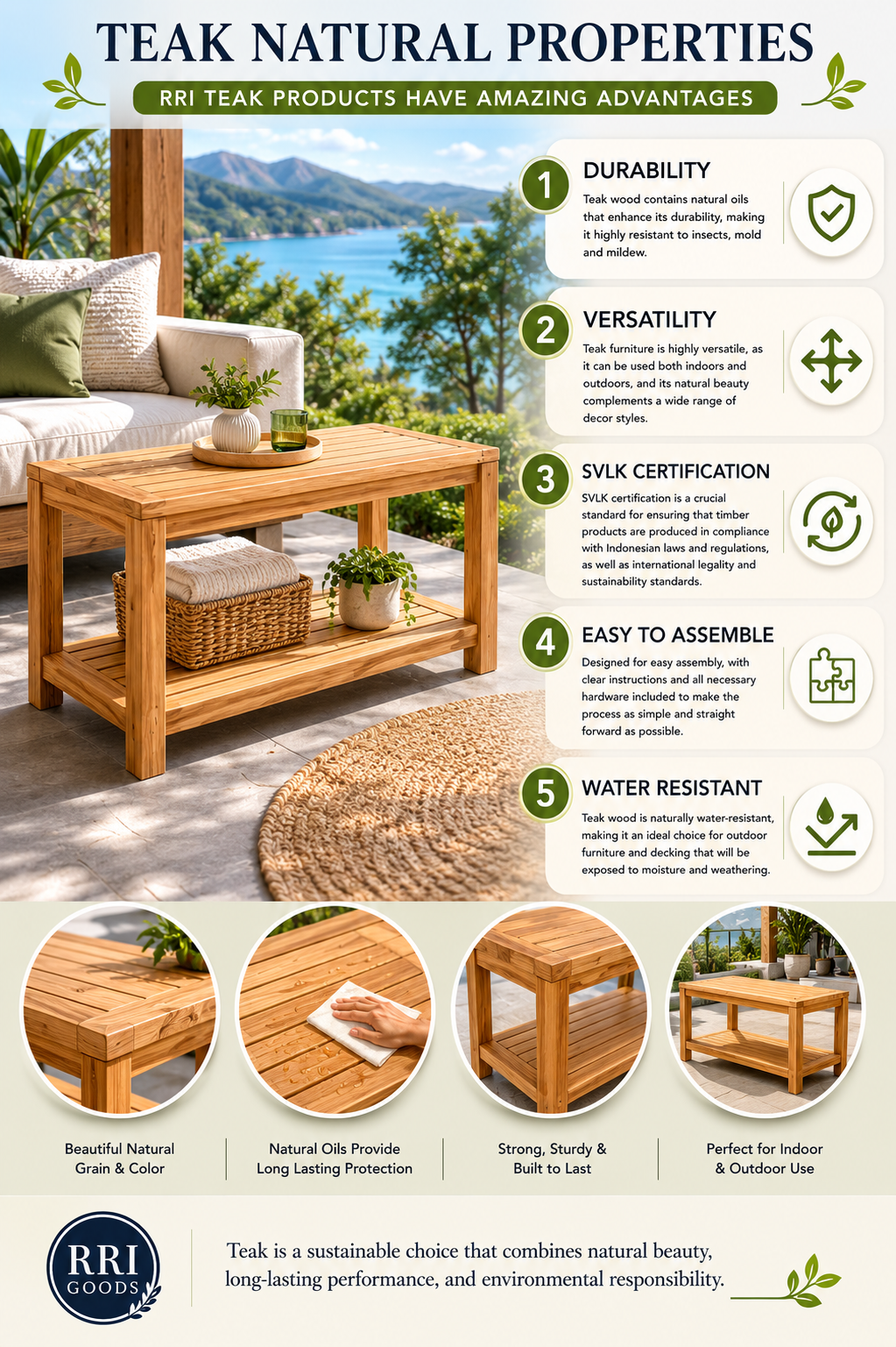 Teak Wood Coffee Table with Bottom Storage Shelf