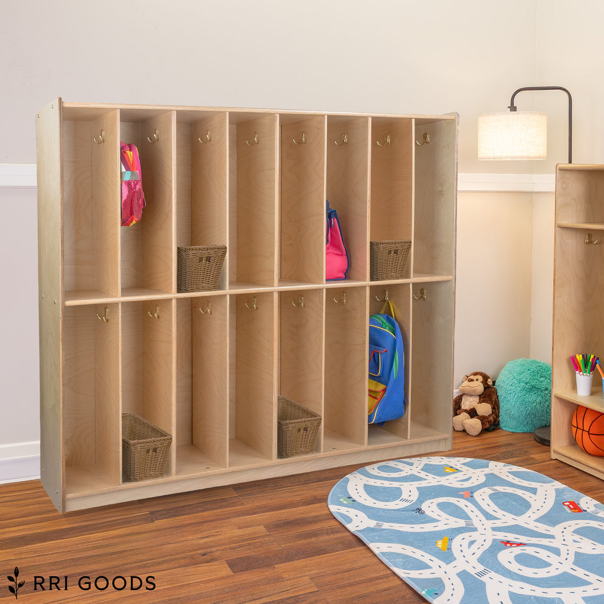 16-Section Kids Locker Storage Cabinet – Fully Assembled Birch Plywood Locker with Hooks