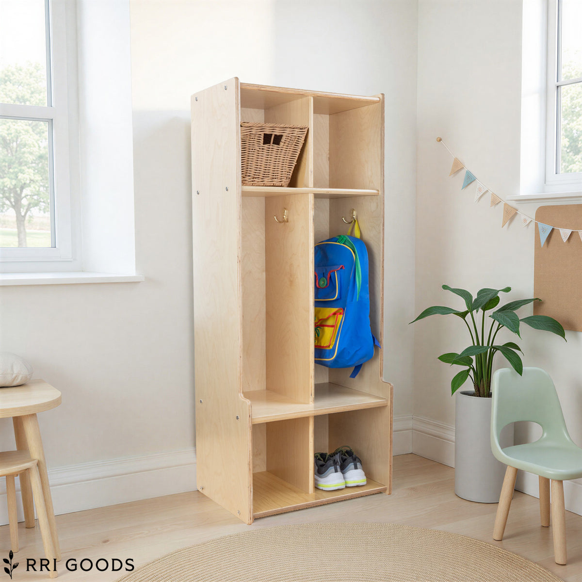 Kids Locker with Bench – 2-Section Storage Locker with Hooks, Ready to assemble