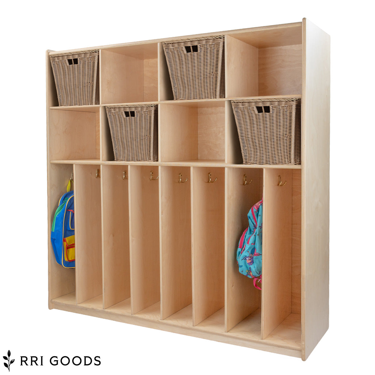 8-Section Kids Locker – Birch Plywood Storage Cabinet with Hooks, Ready to Assemble