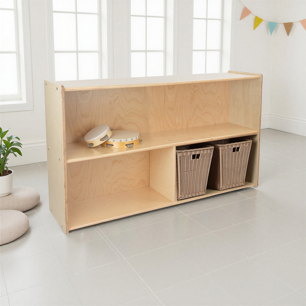 Low Open Shelf Storage Cabinet – Fully Assembled Birch Plywood Classroom Organizer