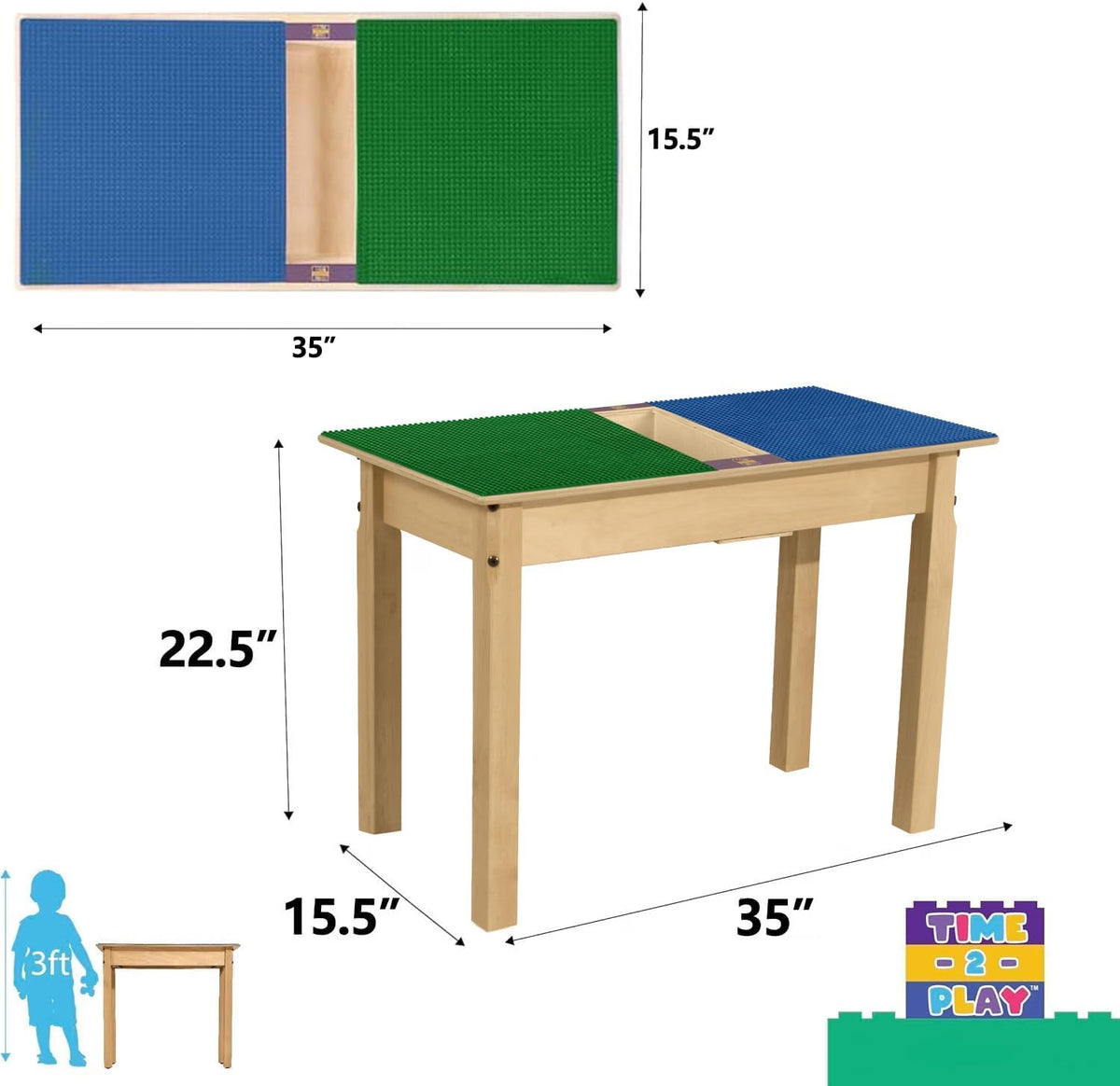 Rectangle Time-2-Play Table with a trough, along with 22" legs and a LEGO® Compatible Grid of BLUE/GREEN Color