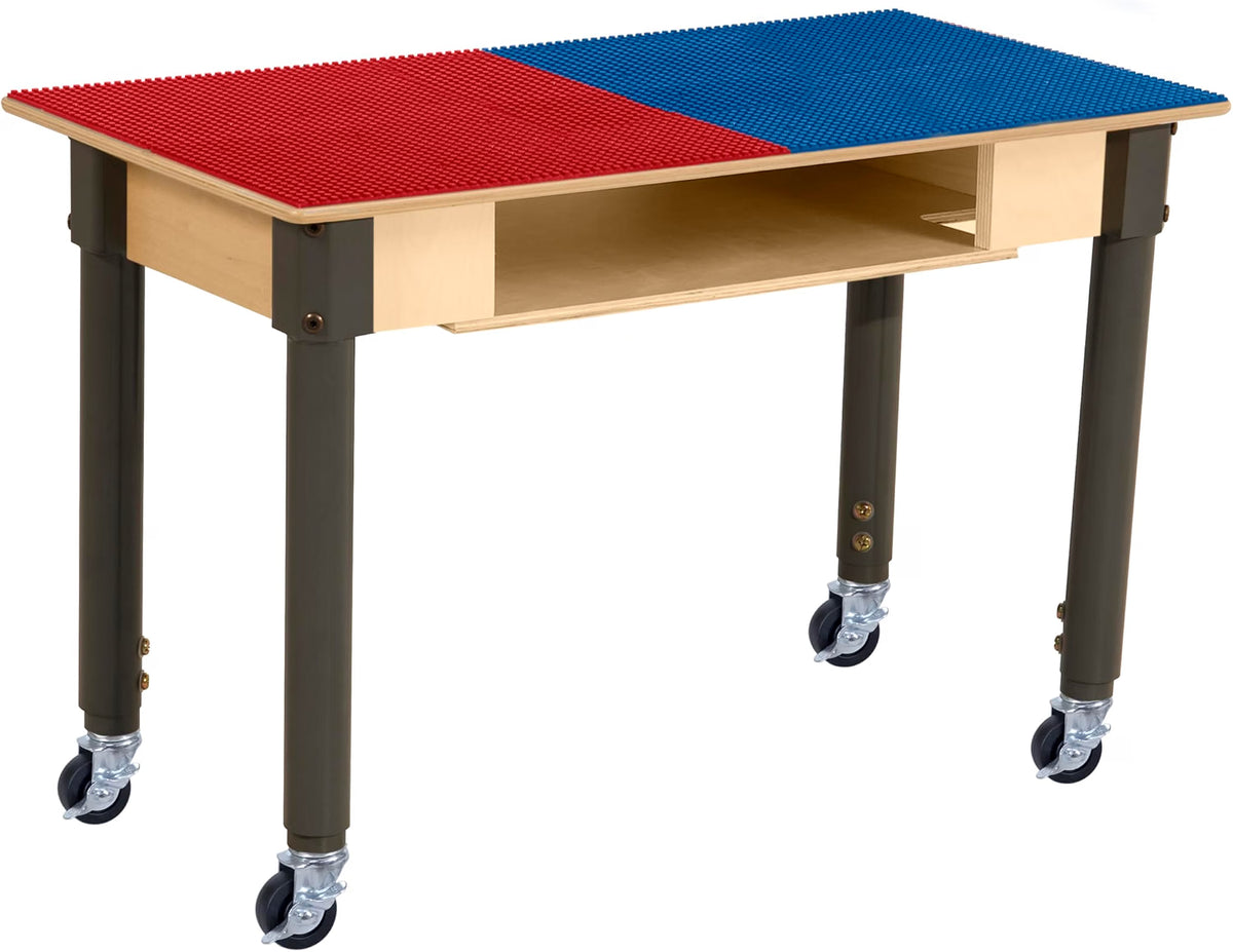 Rectangle Time-2-Play Table with a shelf, along with adjustable 18"-29" legs with locking casters and a LEGO® Compatible Grid of RED/BLUE Color