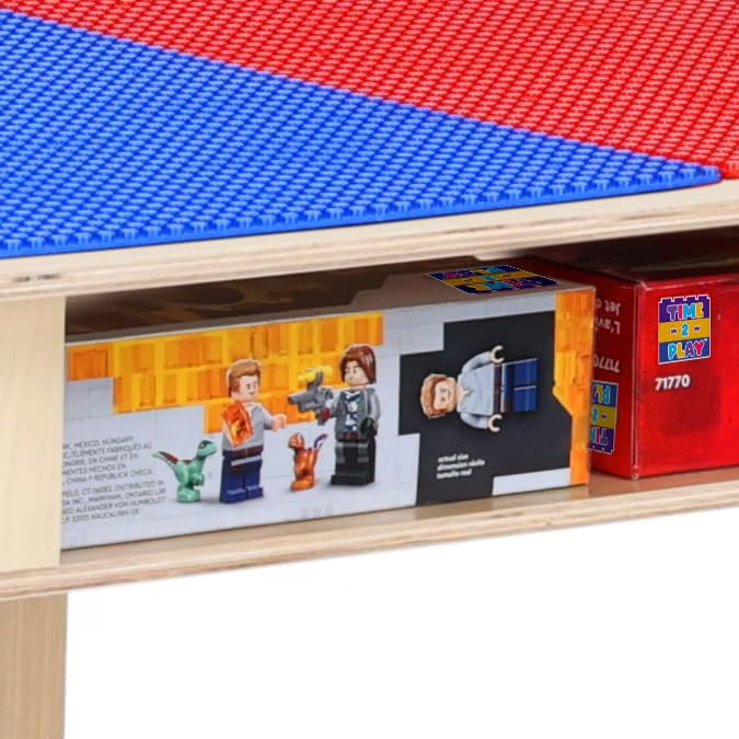 Rectangle Time-2-Play Table with a shelf, along with adjustable 18"-29" legs with locking casters and a LEGO® Compatible Grid of RED/BLUE Color